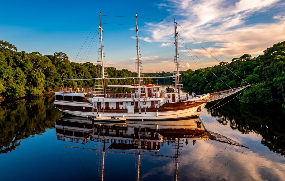 Crucero de madera tipo velero MV Desafio navegando por el río Amazonas al atardecer, reflejándose en las aguas tranquilas de la selva.