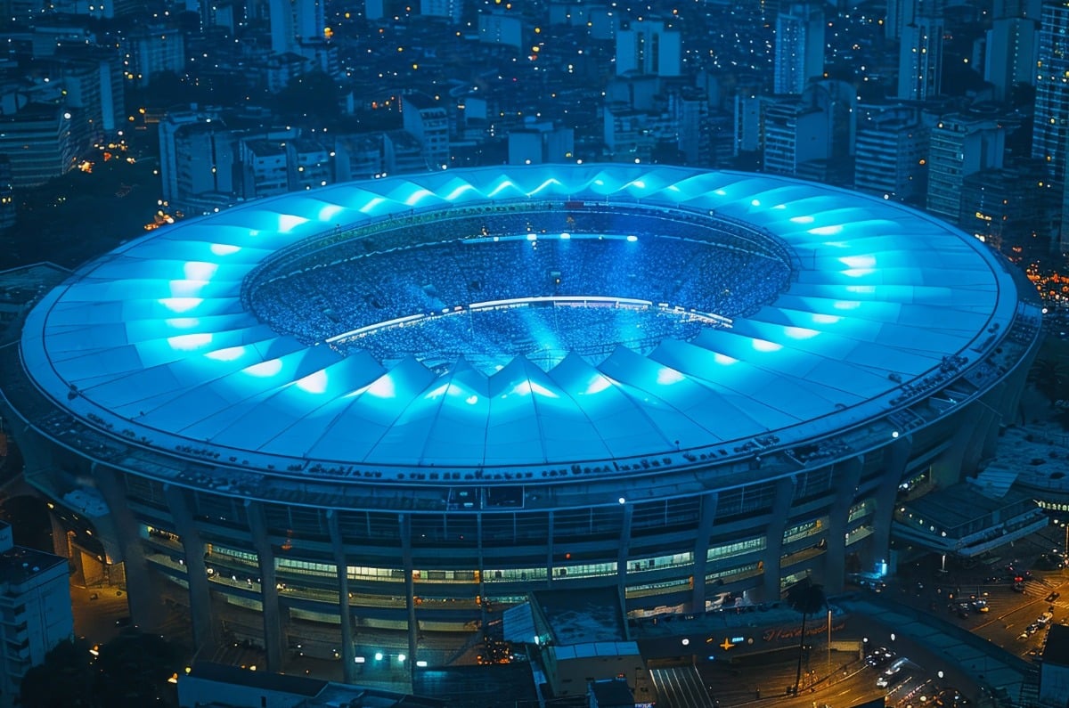 Vista aérea nocturna del Estadio Maracaná iluminado en color azul en Río de Janeiro, rodeado por la ciudad.