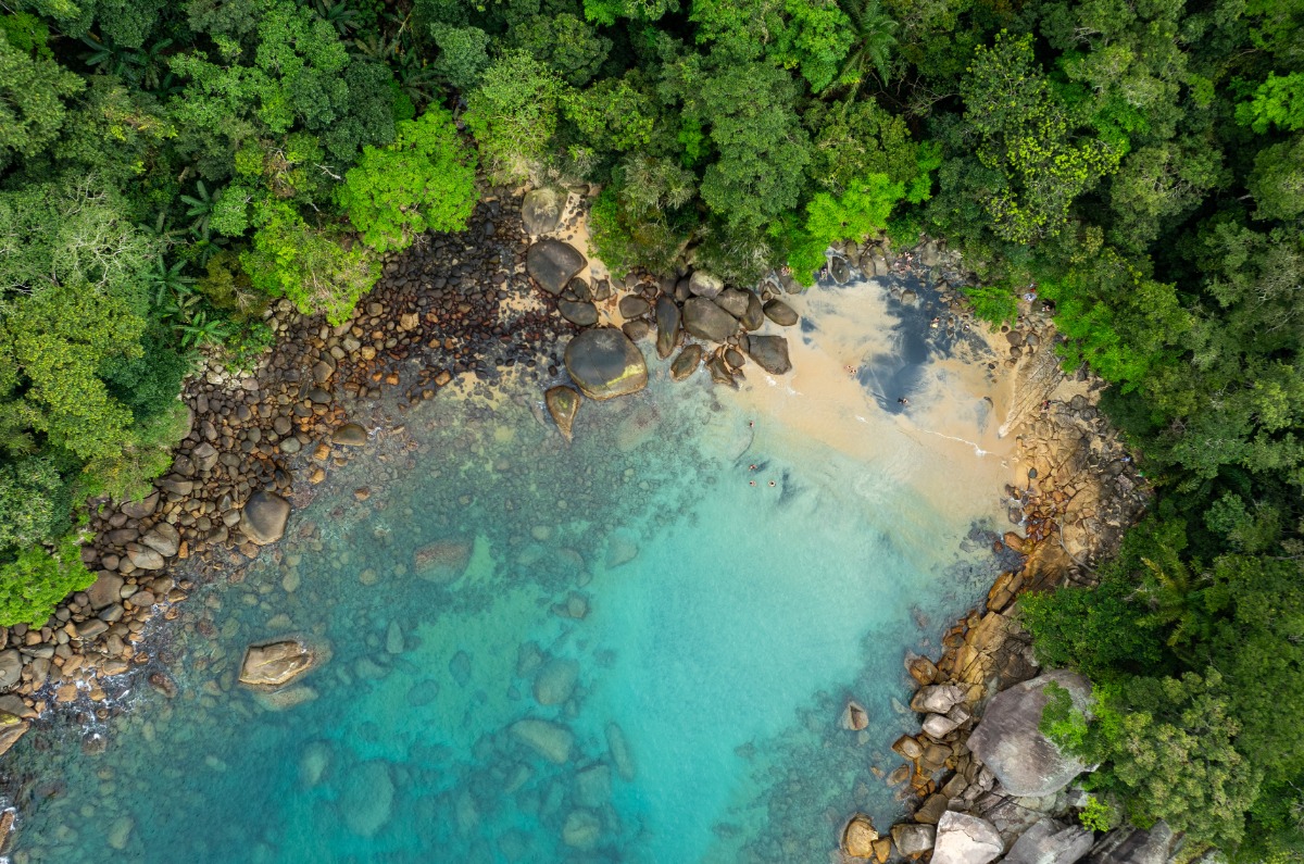 Vista aérea de una cala virgen en Ilha Grande, Brasil, mostrando la transparencia del agua sobre rocas submarinas y la densidad de la selva tropical.