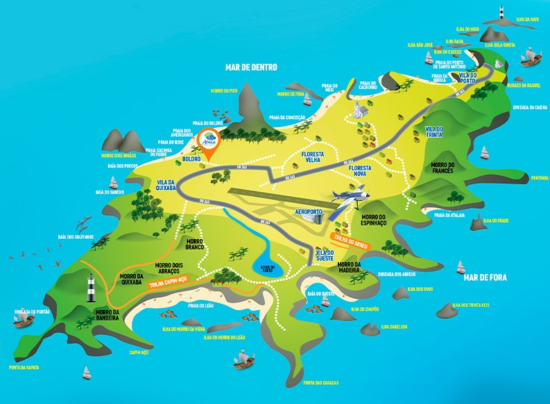 Mapa ilustrado de la isla de Fernando de Noronha en Brasil, detallando las principales playas, senderos, el aeropuerto y puntos de interés como la Baía do Sancho y el Morro del Pico.