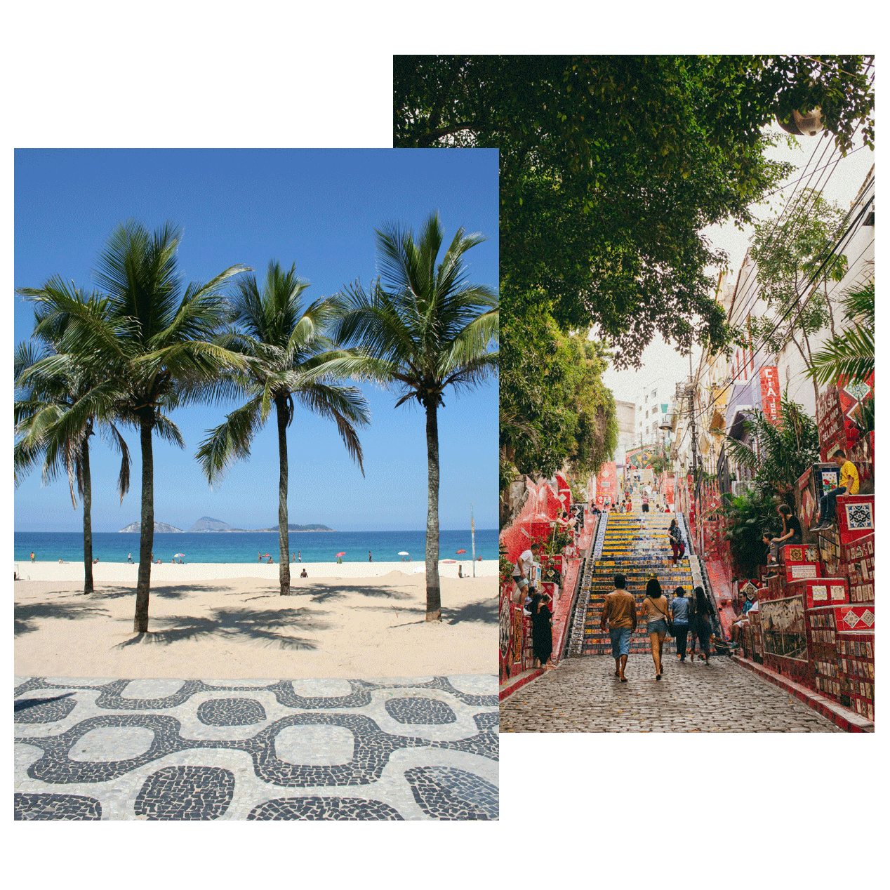 Playas de Río de Janeiro con palmeras frente al mar y la Escadaria Selarón llena de color.