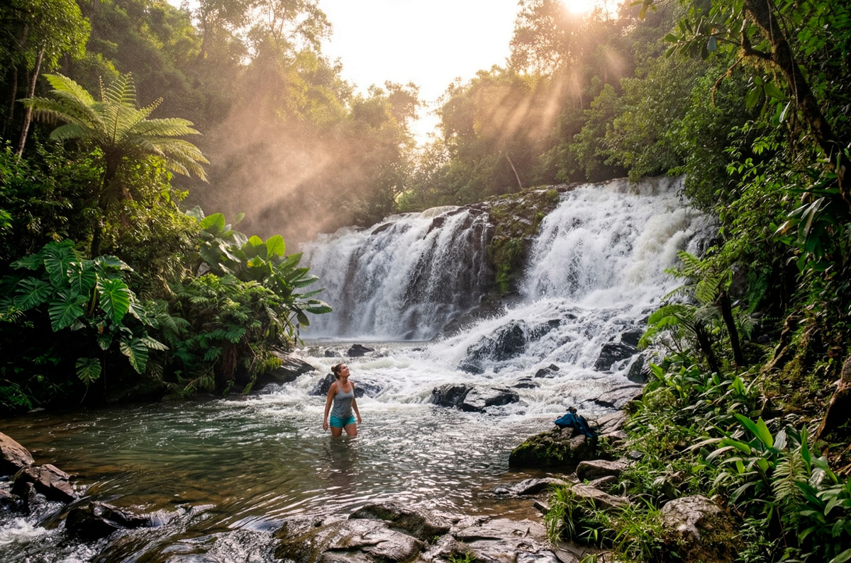Mujer bañándose en una piscina natural frente a una cascada en el Sendero São João, rodeada de selva tropical exuberante y rayos de sol.