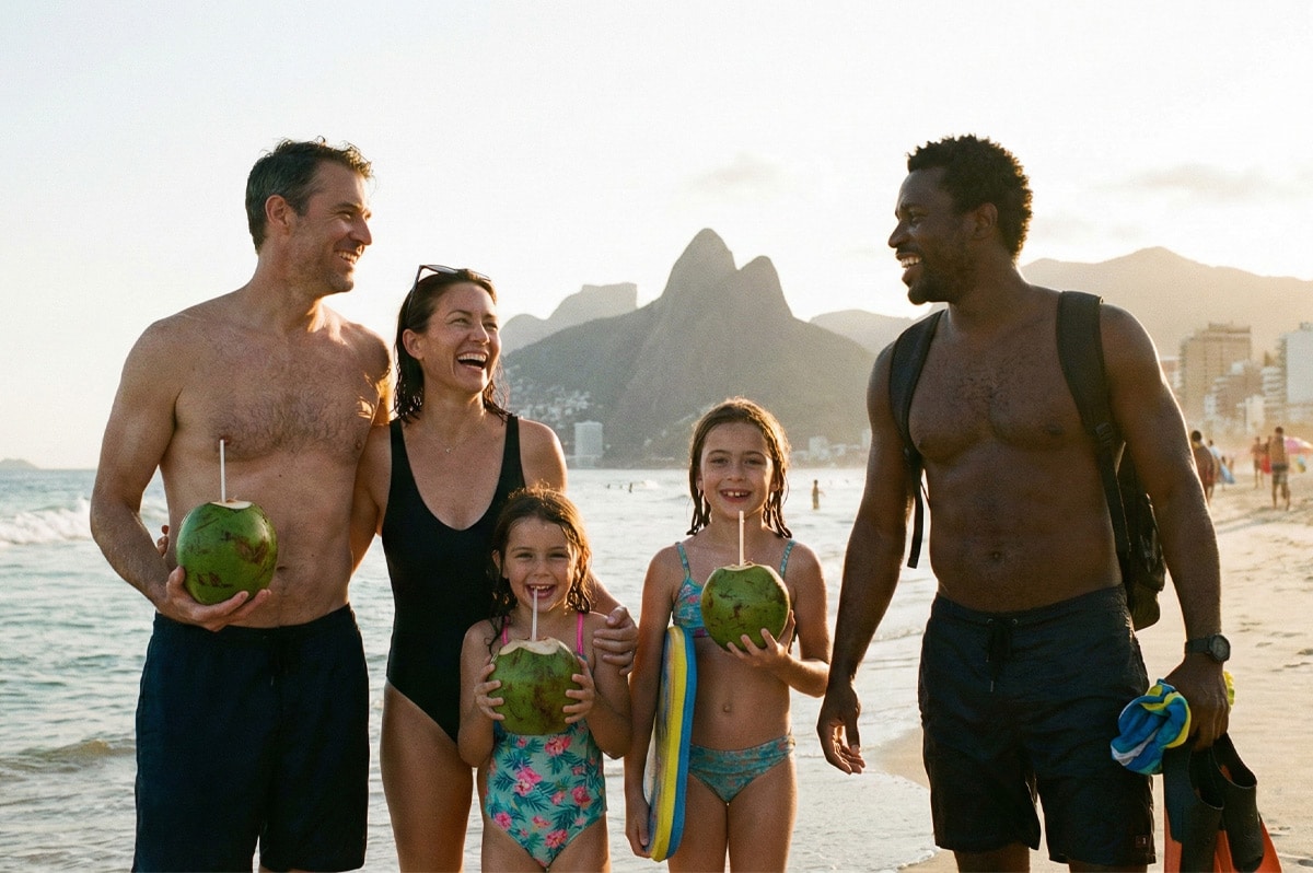 Familia española disfrutando de un coco natural en la playa de Ipanema, Río de Janeiro, junto a un guía local durante un viaje personalizado.
