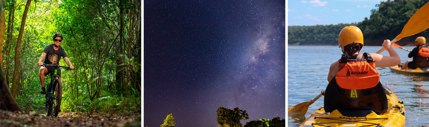Mosaico de actividades en Iguazú: cicloturismo por la selva, observación de estrellas bajo el cielo nocturno y kayak en el río con guías expertos.