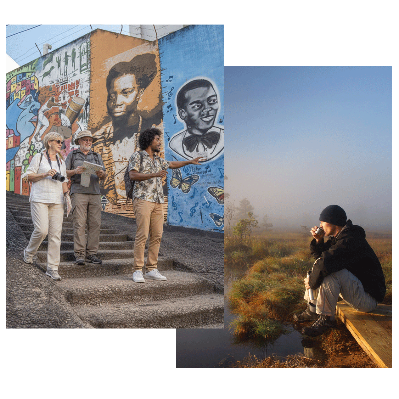 Pareja de turistas españoles con guía local en un tour cultural por Brasil y viajero disfrutando de la naturaleza virgen en un amanecer con niebla.