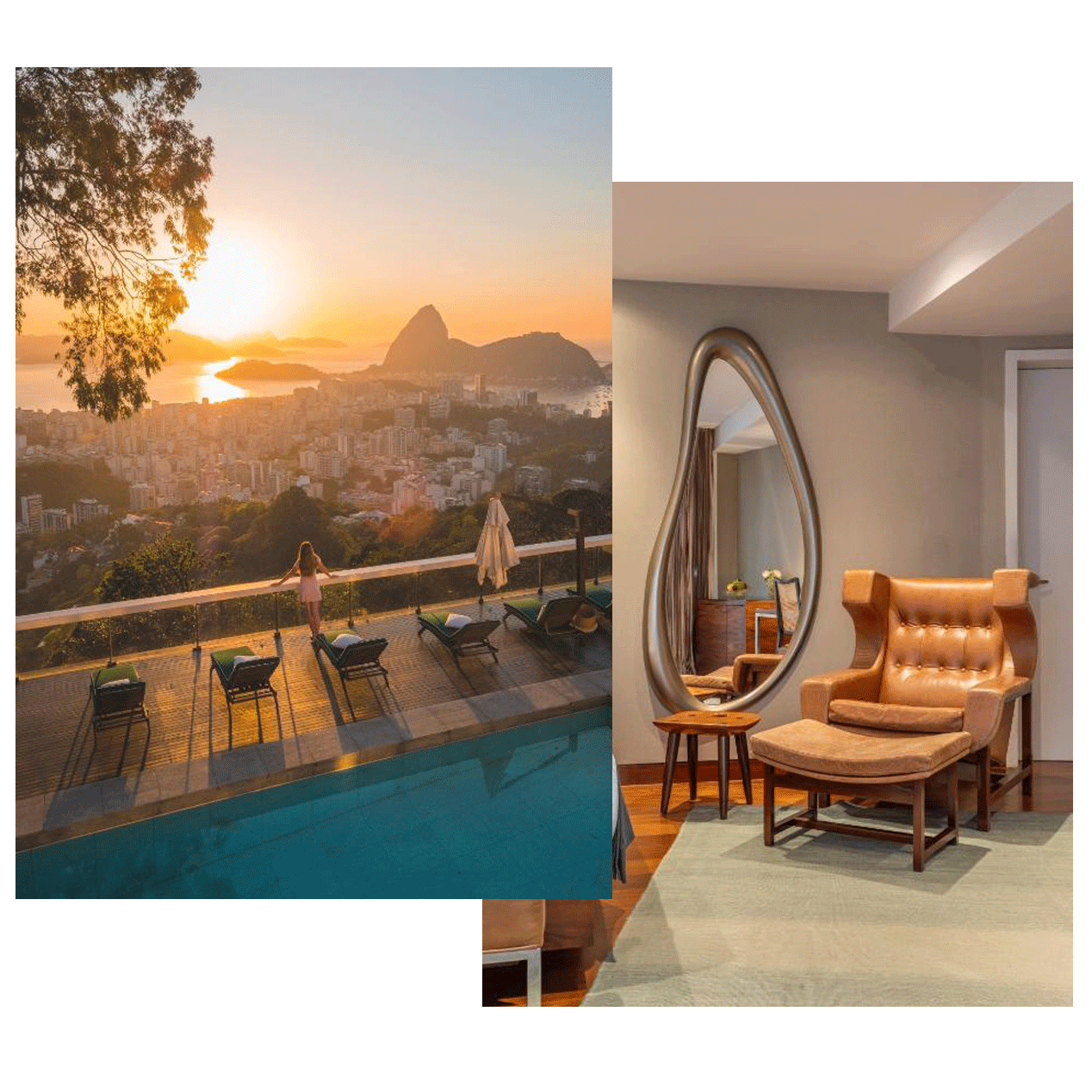 Terraza con piscina y vistas a Río de Janeiro al atardecer y suite de hotel de diseño en Brasil.