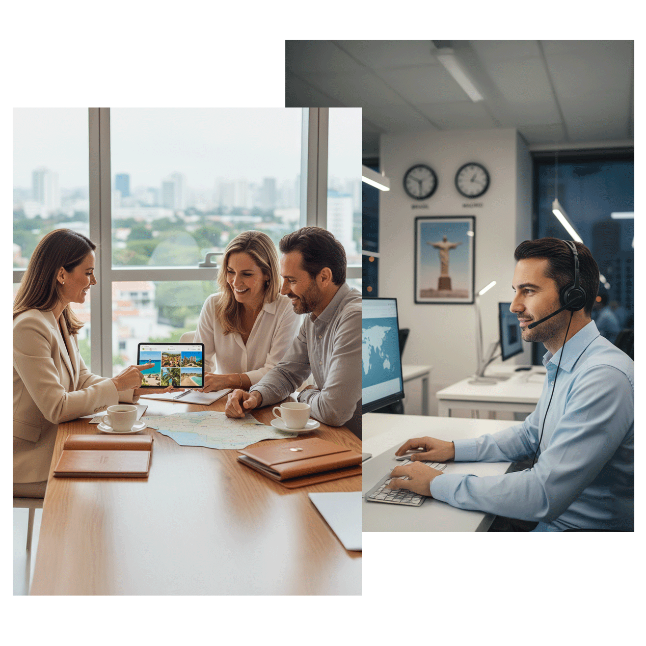 Asesora de viajes planificando un itinerario a Brasil con clientes y agente ofreciendo asistencia telefónica.