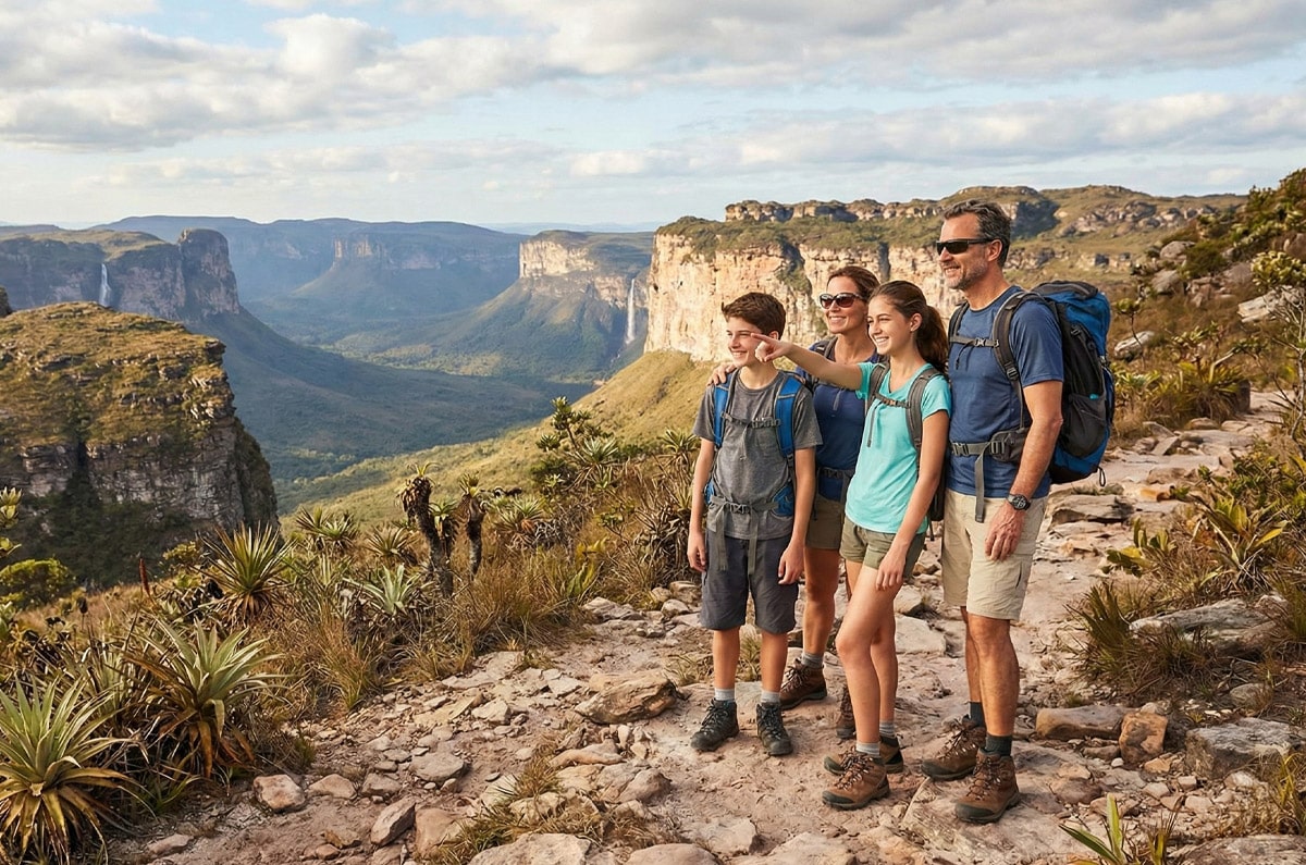 Familia con equipamiento de senderismo contemplando el valle del Pati en la Chapada Diamantina, Bahía.