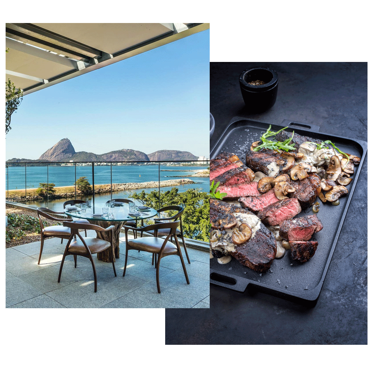 Terraza con vistas al Pan de Azúcar y bandeja de carne asada con setas en Río de Janeiro.