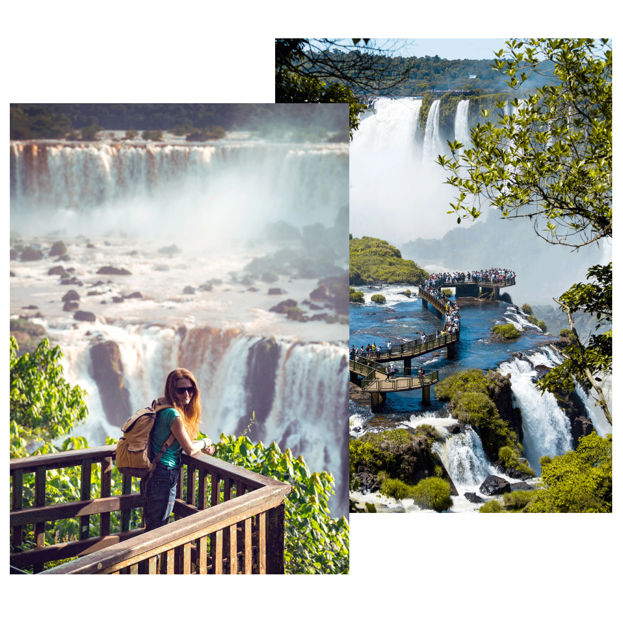 Viajera en mirador frente a las cataratas de Iguazú y pasarela panorámica del lado argentino.
