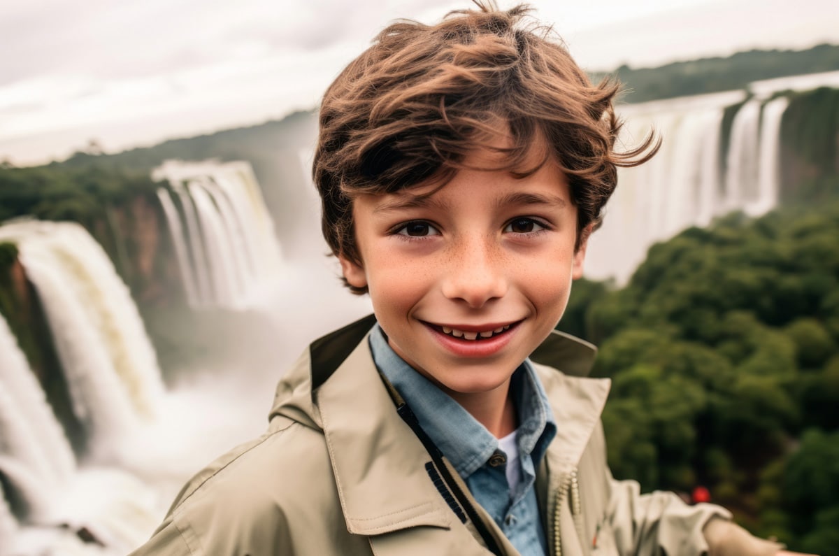 Niño sonriente disfrutando de la vista de las Cataratas de Iguazú, una de las maravillas naturales del mundo.