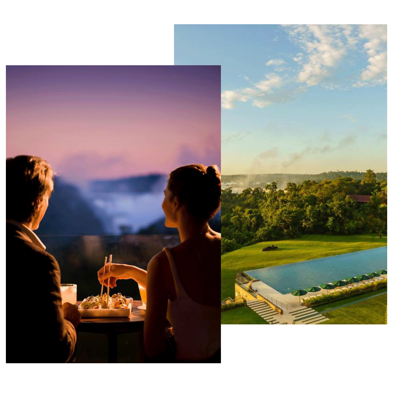 Pareja cenando con vistas a las cataratas de Iguazú al atardecer y hotel con piscina infinita rodeada de selva.