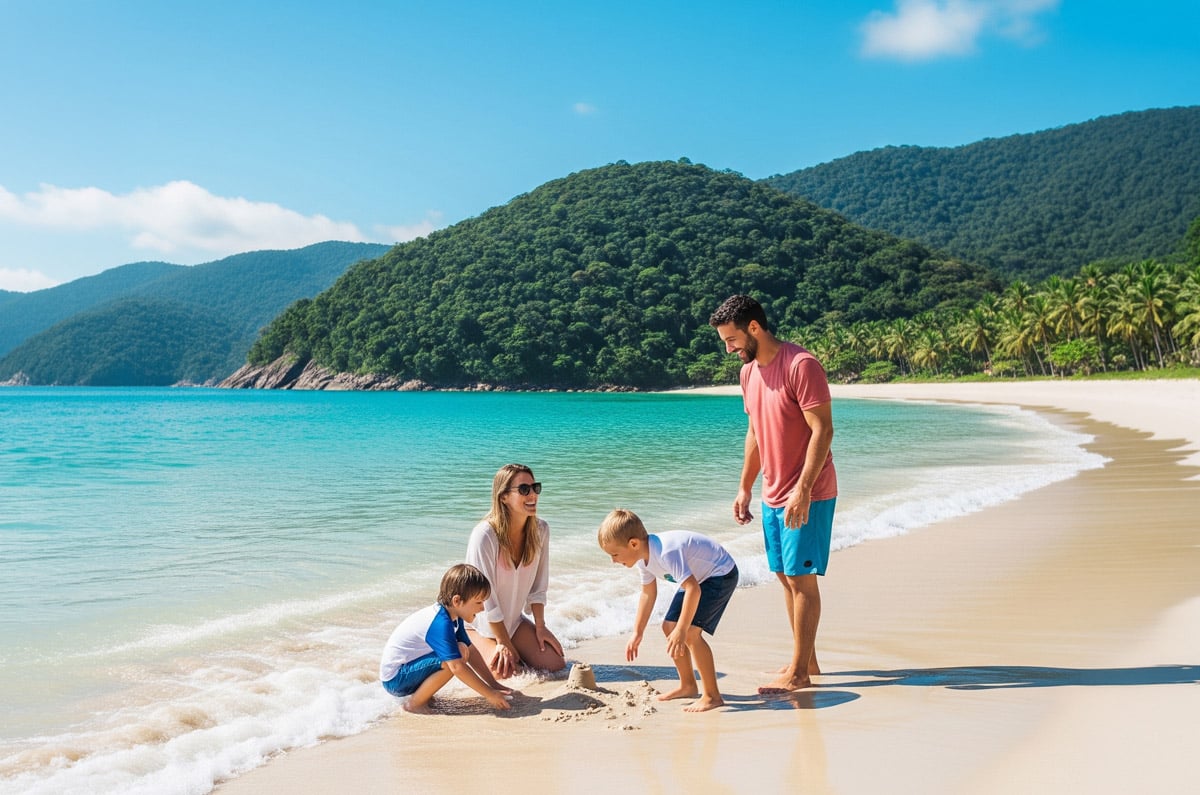 Familia jugando en la arena blanca de una playa virgen en Ilha Grande, rodeada de selva tropical y aguas turquesas.