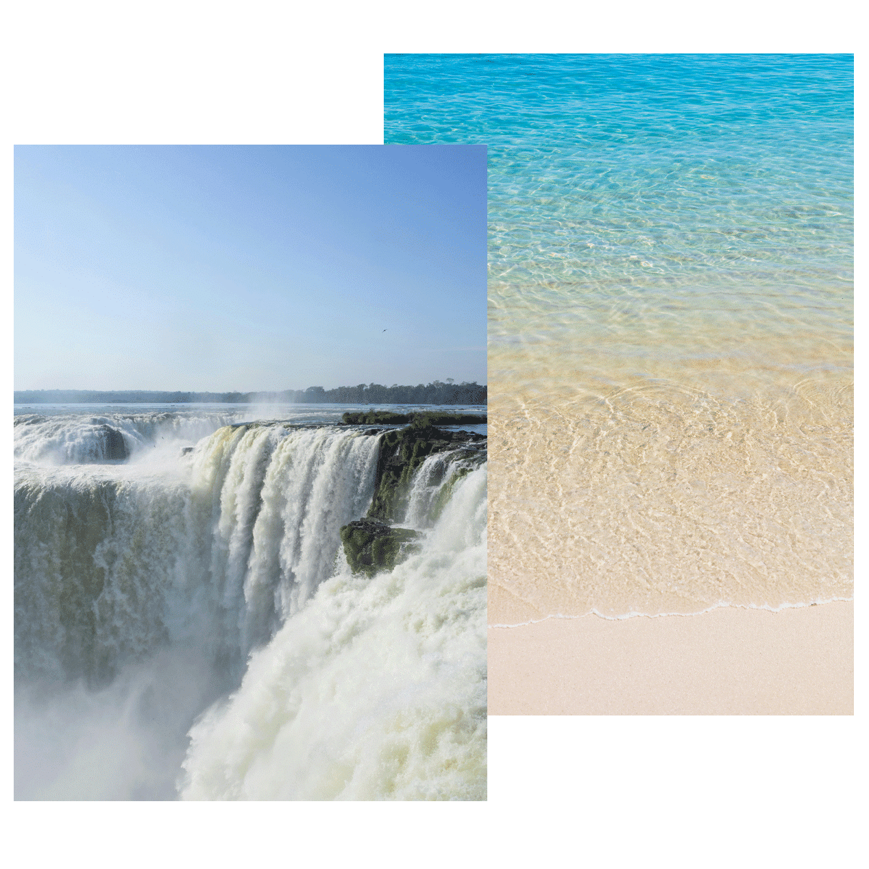 Cataratas de Iguazú y primer plano de playa de aguas turquesas y arena blanca en Brasil.