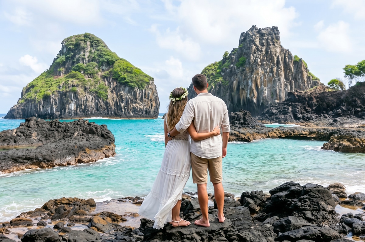 Pareja de luna de miel contemplando el Morro Dois Irmãos frente a las aguas turquesas en Fernando de Noronha, Brasil.