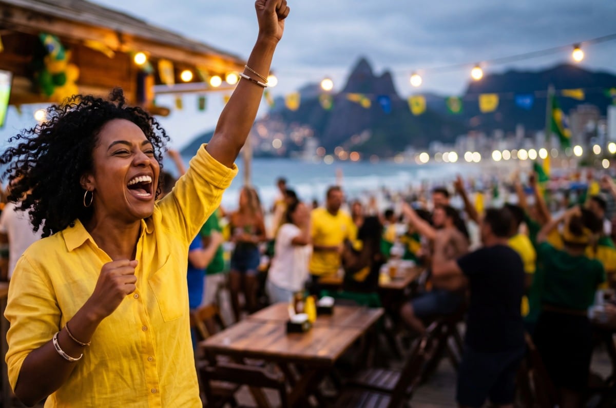 Mujer brasileña celebrando con alegría en un quiosco de la playa de Copacabana en Río de Janeiro, con el Morro Dois Irmãos iluminado de fondo al atardecer.