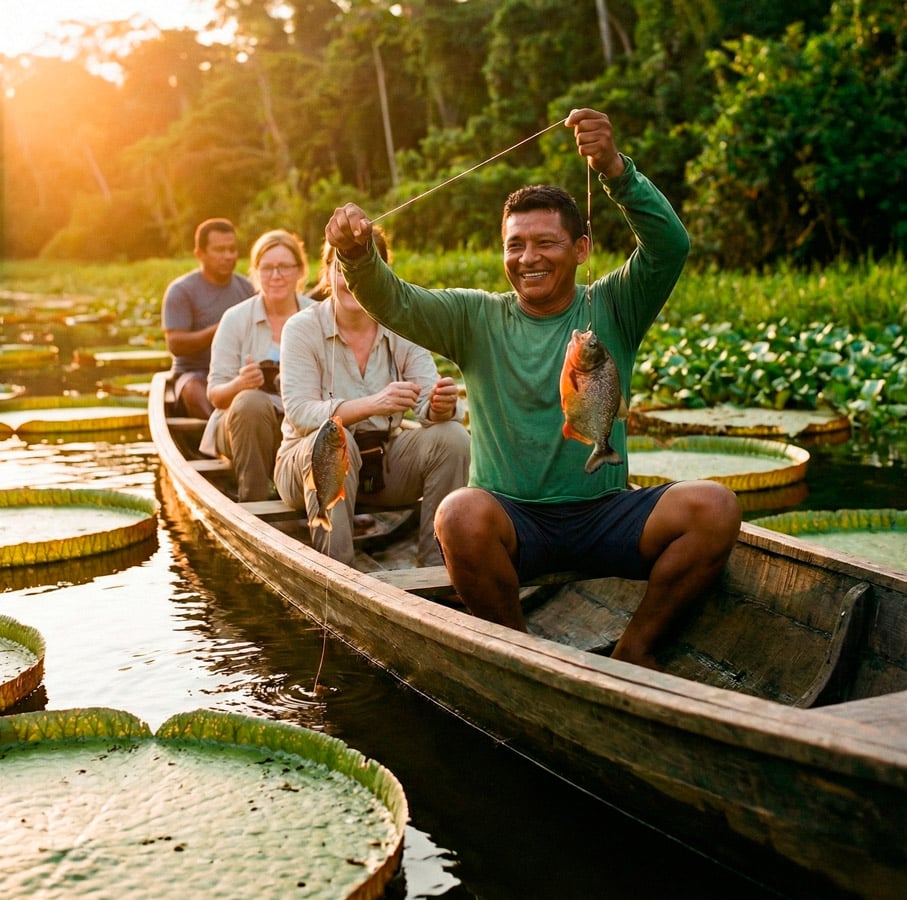 Experiencia de pesca de pirañas en una canoa tradicional por el río Amazonas, rodeados de nenúfares gigantes al atardecer.
