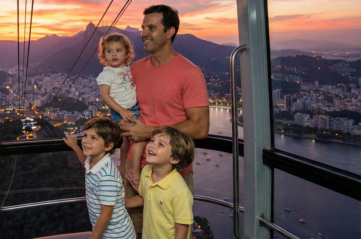 Padre e hijos disfrutando de las vistas panorámicas de Río de Janeiro desde el teleférico del Pan de Azúcar al atardecer.