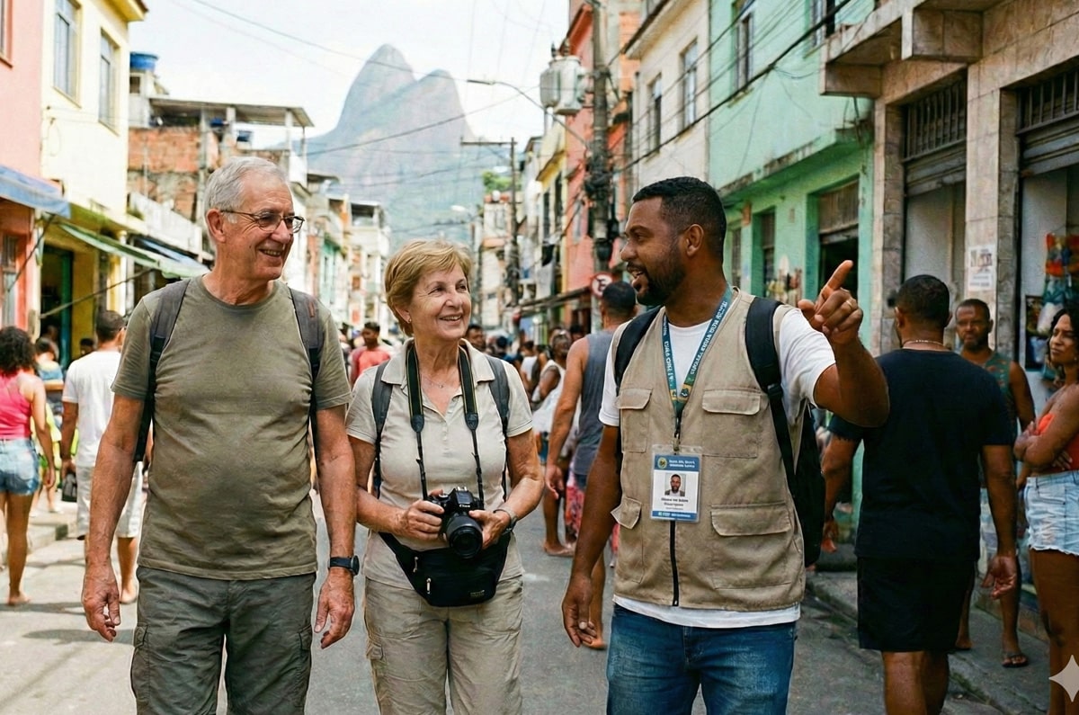 Pareja de turistas senior caminando por una calle de Río de Janeiro acompañados por un guía local experto.