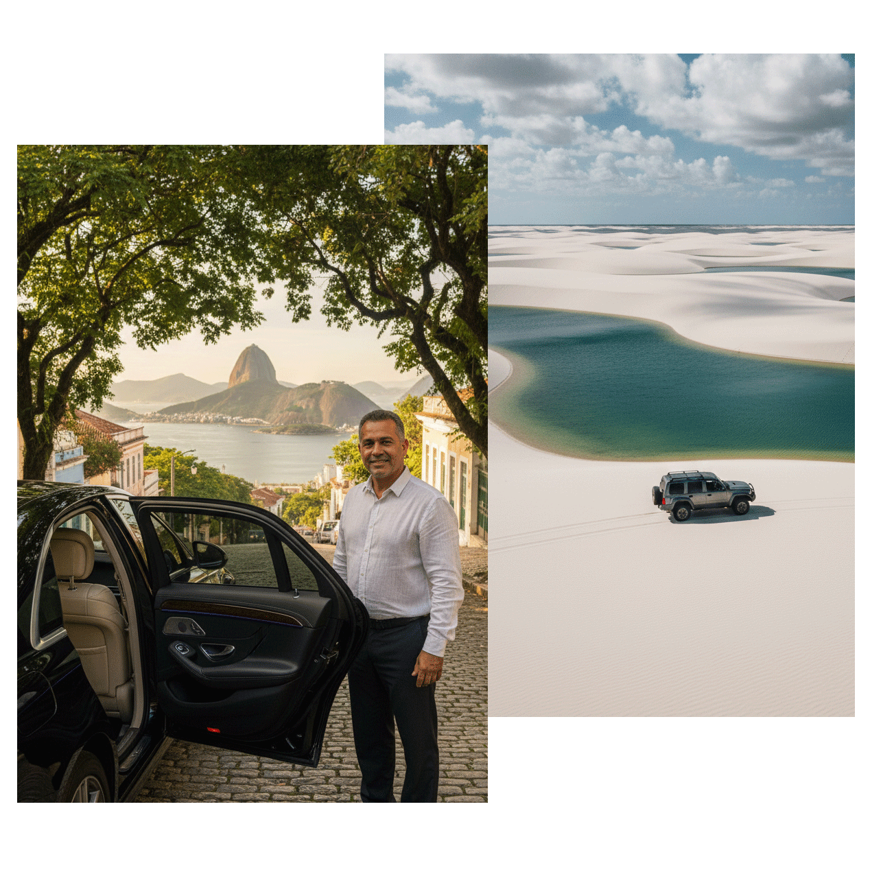 Conductor privado junto a coche de alta gama en Río de Janeiro y 4x4 en los Lençóis Maranhenses, Brasil.