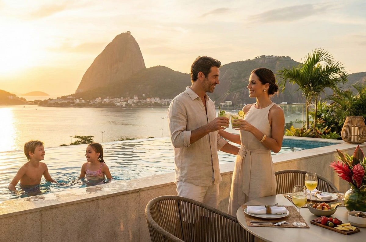 Familia en una terraza con piscina infinita frente al Pan de Azúcar en Río de Janeiro al atardecer.