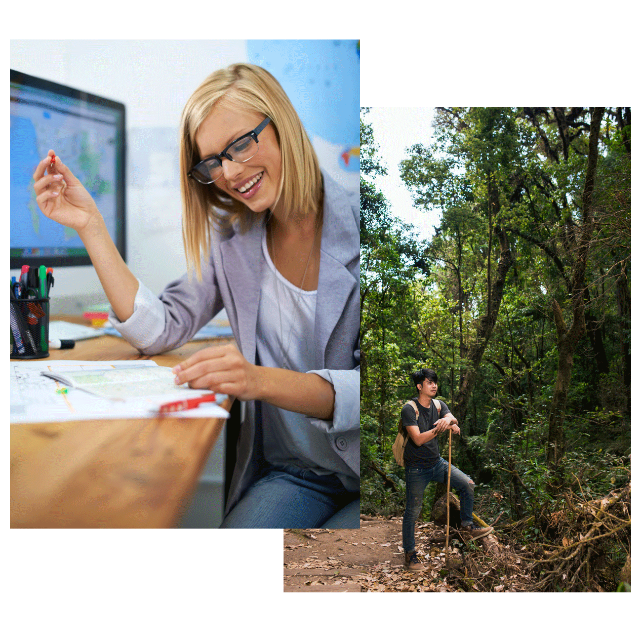 Asesora de viajes en España planificando un itinerario personalizado y viajero explorando la selva de Brasil con total seguridad.