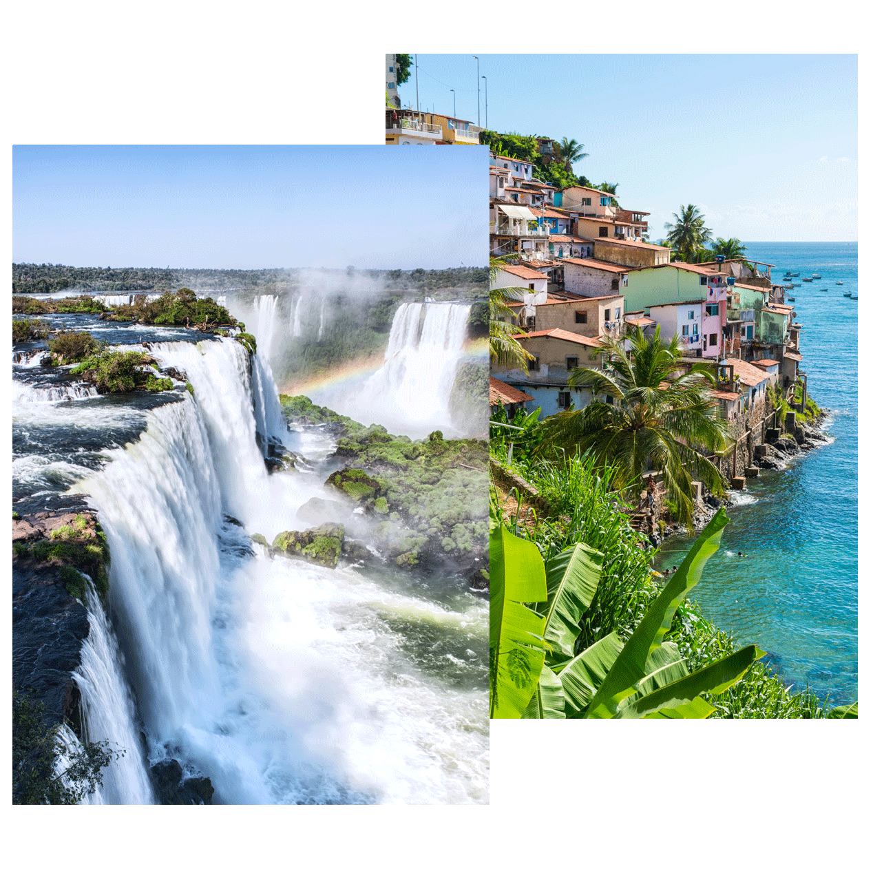 Panorámica de las Cataratas de Iguazú con arcoíris y casas coloridas frente al mar cristalino en un destino exclusivo de la costa de Brasil.