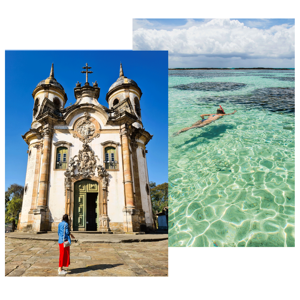 Mujer contemplando una iglesia colonial histórica en Brasil y turista haciendo snorkel en aguas cristalinas turquesas durante un viaje a medida.